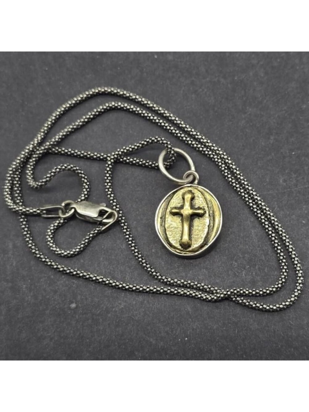 Sterling Silver Two-Tone Cross Pendant Necklace on 925 Italy Popcorn Chain